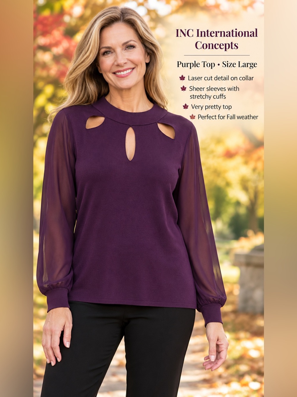 INC International Concepts Purple Long-Sleeve Mock Neck Top with Cutouts - XL